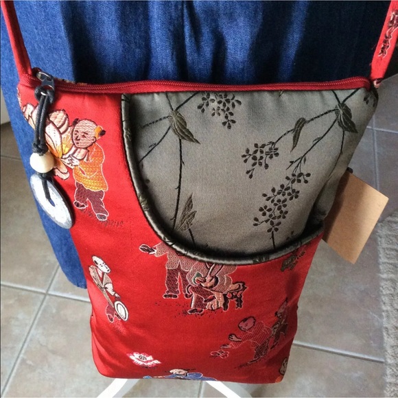 LAST 1! 100% Silk Crossbody Bag Red Asian Men Big Sky Shanghai Purse Coin Charm - Picture 3 of 8